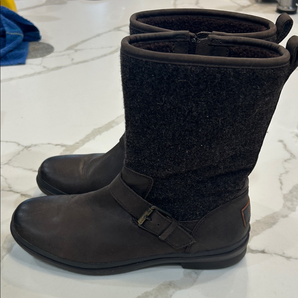 UGG Brown Leather & Wool Mid-Calf Combat Boots
